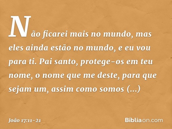 Não ficarei mais no mundo, mas eles ainda estão no mundo, e eu vou para ti. Pai santo, protege-os em teu nome, o nome que me deste, para que sejam um, assim com