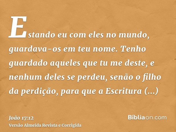 Estando eu com eles no mundo, guardava-os em teu nome. Tenho guardado aqueles que tu me deste, e nenhum deles se perdeu, senão o filho da perdição, para que a E