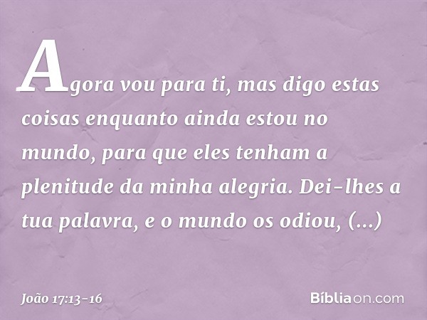 "Agora vou para ti, mas digo estas coisas enquanto ainda estou no mundo, para que eles tenham a plenitude da minha alegria. Dei-lhes a tua palavra, e o mundo os