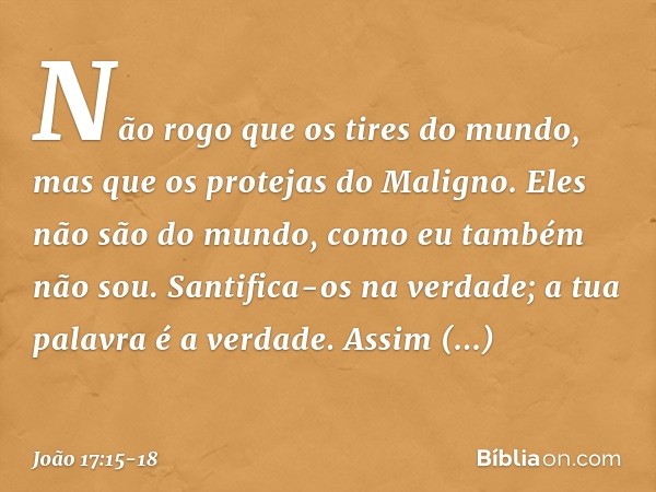 Não rogo que os tires do mundo, mas que os protejas do Maligno. Eles não são do mundo, como eu também não sou. Santifica-os na verdade; a tua palavra é a verdad