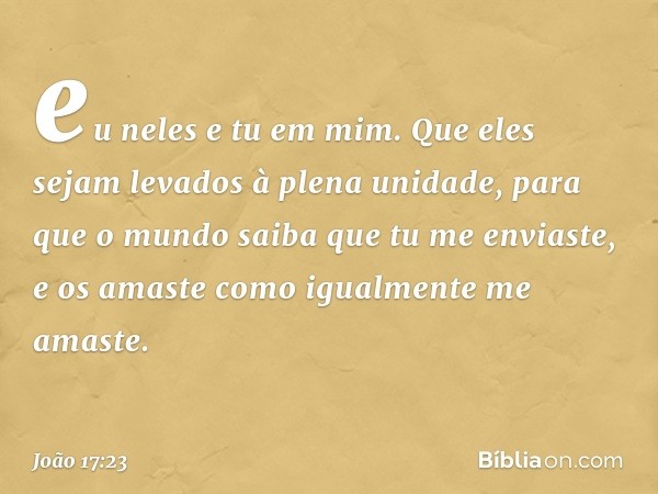 eu neles e tu em mim. Que eles sejam levados à plena unidade, para que o mundo saiba que tu me enviaste, e os amaste como igualmente me amaste. -- João 17:23