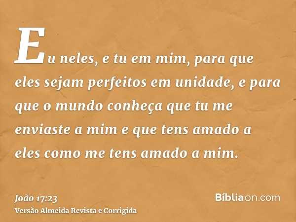 Eu neles, e tu em mim, para que eles sejam perfeitos em unidade, e para que o mundo conheça que tu me enviaste a mim e que tens amado a eles como me tens amado 