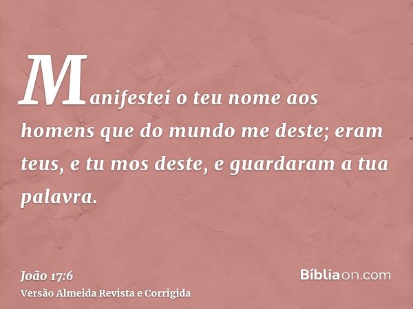 Manifestei o teu nome aos homens que do mundo me deste; eram teus, e tu mos deste, e guardaram a tua palavra.