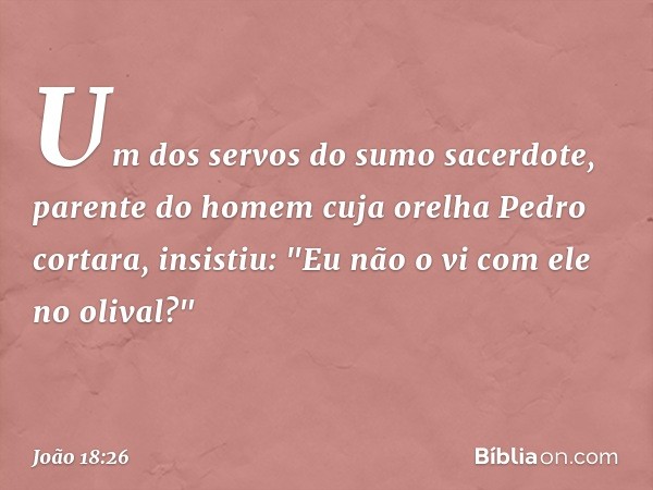 Um dos servos do sumo sacerdote, parente do homem cuja orelha Pedro cortara, insistiu: "Eu não o vi com ele no olival?" -- João 18:26