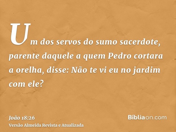 Um dos servos do sumo sacerdote, parente daquele a quem Pedro cortara a orelha, disse: Não te vi eu no jardim com ele?