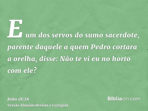 E um dos servos do sumo sacerdote, parente daquele a quem Pedro cortara a orelha, disse: Não te vi eu no horto com ele?