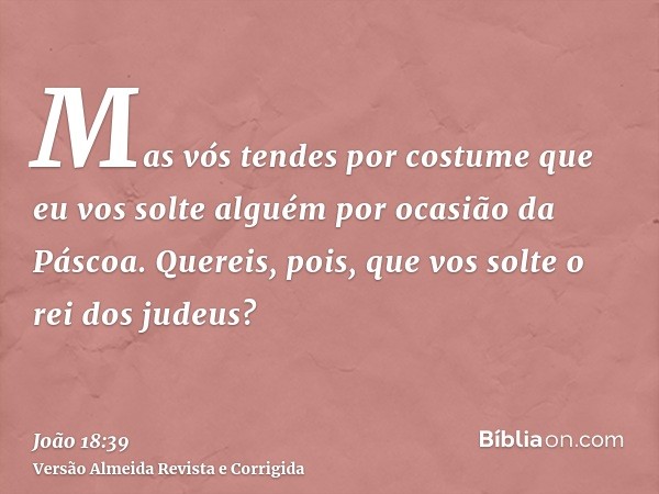 Mas vós tendes por costume que eu vos solte alguém por ocasião da Páscoa. Quereis, pois, que vos solte o rei dos judeus?