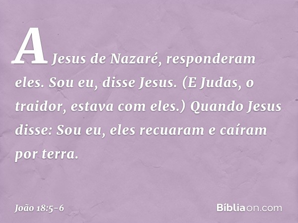 "A Jesus de Nazaré", responderam eles.
"Sou eu", disse Jesus.
(E Judas, o traidor, estava com eles.) Quando Jesus disse: "Sou eu", eles recuaram e caíram por te