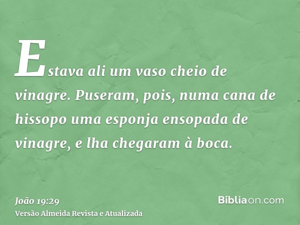 Estava ali um vaso cheio de vinagre. Puseram, pois, numa cana de hissopo uma esponja ensopada de vinagre, e lha chegaram à boca.