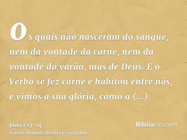 os quais não nasceram do sangue, nem da vontade da carne, nem da vontade do varão, mas de Deus.E o Verbo se fez carne e habitou entre nós, e vimos a sua glória,