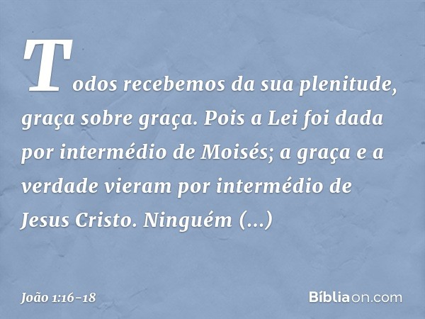 Todos recebemos da sua plenitude, graça sobre graça. Pois a Lei foi dada por intermédio de Moisés; a graça e a verdade vieram por intermédio de Jesus Cristo. Ni