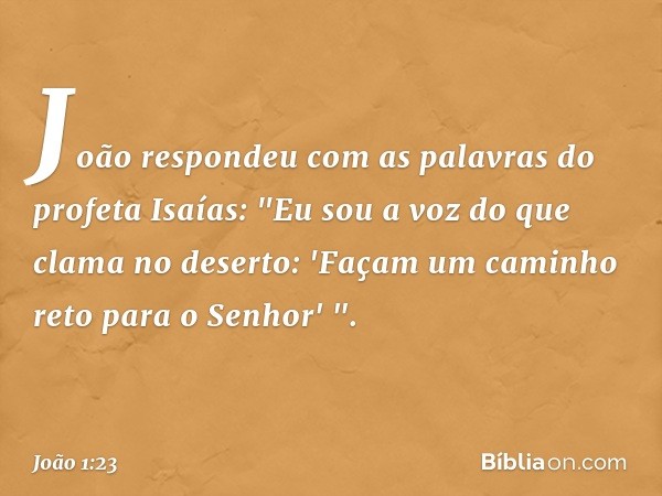 João respondeu com as palavras do profeta Isaías: "Eu sou a voz do que clama no deserto: 'Façam um caminho reto para o Senhor' ". -- João 1:23