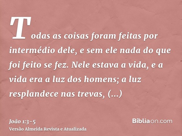 Todas as coisas foram feitas por intermédio dele, e sem ele nada do que foi feito se fez.Nele estava a vida, e a vida era a luz dos homens;a luz resplandece nas