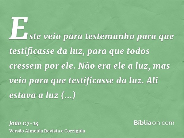 Este veio para testemunho para que testificasse da luz, para que todos cressem por ele.Não era ele a luz, mas veio para que testificasse da luz.Ali estava a luz