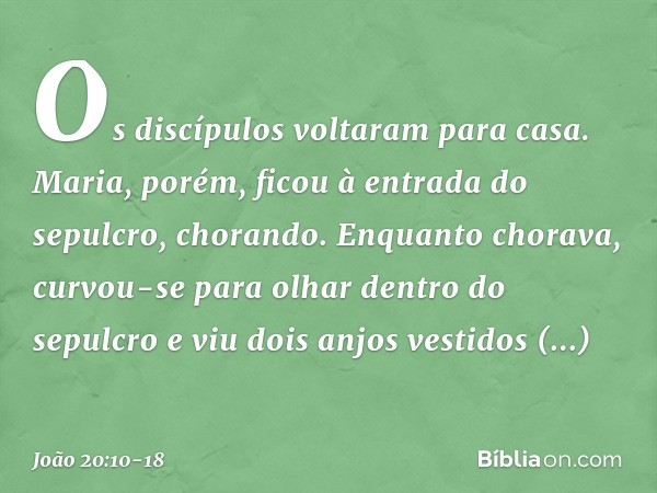 Os discípulos voltaram para casa. Maria, porém, ficou à entrada do sepulcro, chorando. Enquanto chorava, curvou-se para olhar dentro do sepulcro e viu dois anjo