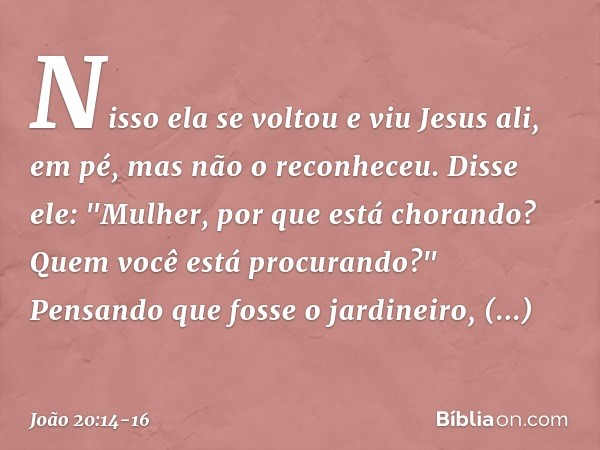 Nisso ela se voltou e viu Jesus ali, em pé, mas não o reconheceu. Disse ele: "Mulher, por que está chorando? Quem você está procurando?"
Pensando que fosse o ja