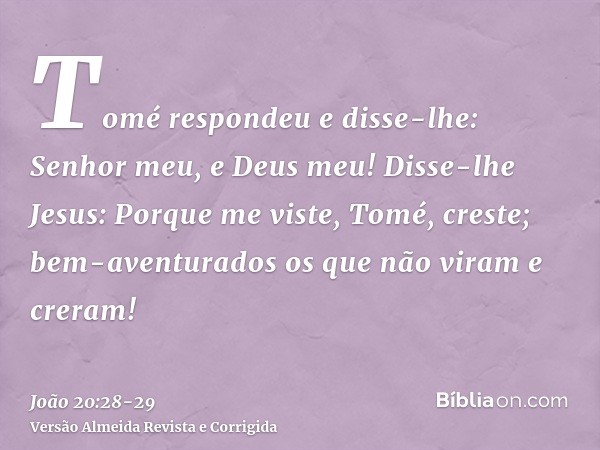 Tomé respondeu e disse-lhe: Senhor meu, e Deus meu!Disse-lhe Jesus: Porque me viste, Tomé, creste; bem-aventurados os que não viram e creram!