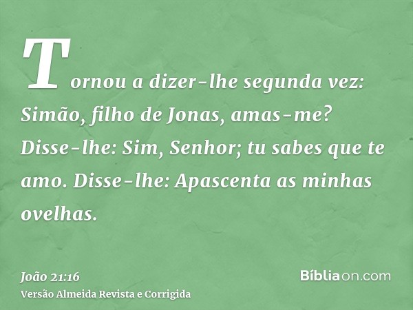 Tornou a dizer-lhe segunda vez: Simão, filho de Jonas, amas-me? Disse-lhe: Sim, Senhor; tu sabes que te amo. Disse-lhe: Apascenta as minhas ovelhas.