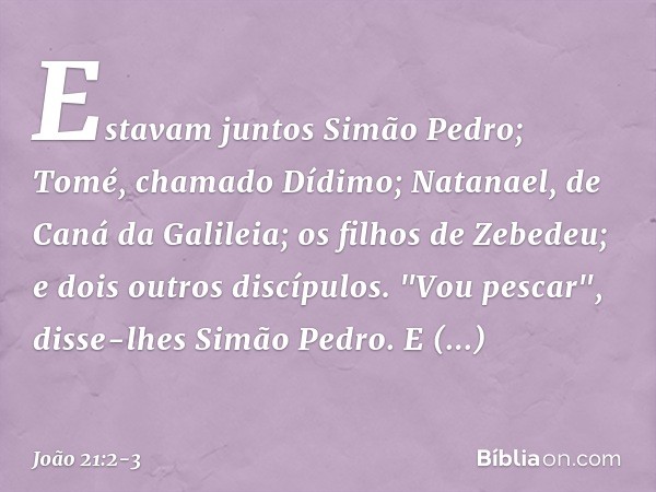Estavam juntos Simão Pedro; Tomé, chamado Dídimo; Natanael, de Caná da Galileia; os filhos de Zebedeu; e dois outros discípulos. "Vou pescar", disse-lhes Simão 