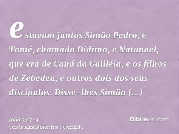 estavam juntos Simão Pedro, e Tomé, chamado Dídimo, e Natanael, que era de Caná da Galiléia, e os filhos de Zebedeu, e outros dois dos seus discípulos.Disse-lhe