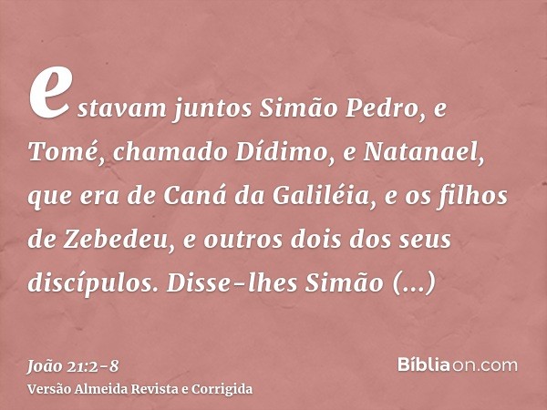 estavam juntos Simão Pedro, e Tomé, chamado Dídimo, e Natanael, que era de Caná da Galiléia, e os filhos de Zebedeu, e outros dois dos seus discípulos.Disse-lhe