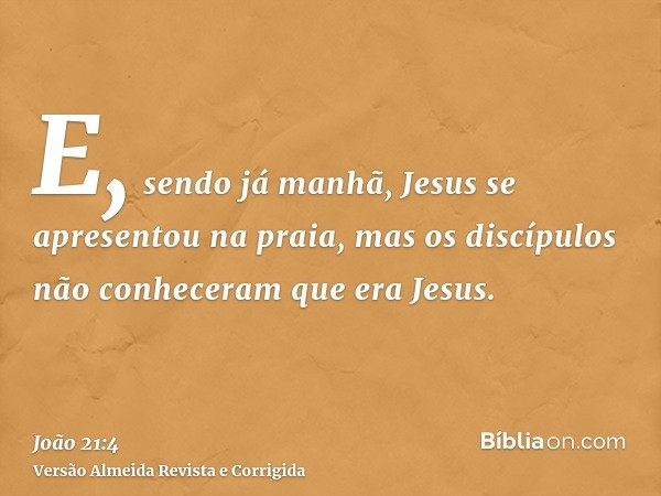 E, sendo já manhã, Jesus se apresentou na praia, mas os discípulos não conheceram que era Jesus.