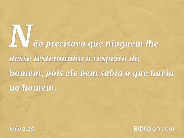 Não precisava que ninguém lhe desse testemunho a respeito do homem, pois ele bem sabia o que havia no homem. -- João 2:25