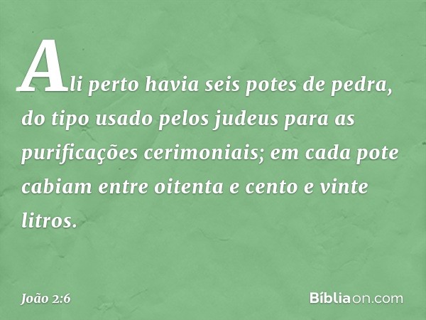 Ali perto havia seis potes de pedra, do tipo usado pelos judeus para as purificações cerimoniais; em cada pote cabiam entre oitenta e cento e vinte litros. -- J