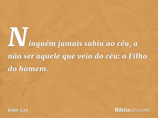 Ninguém jamais subiu ao céu, a não ser aquele que veio do céu: o Filho do homem. -- João 3:13