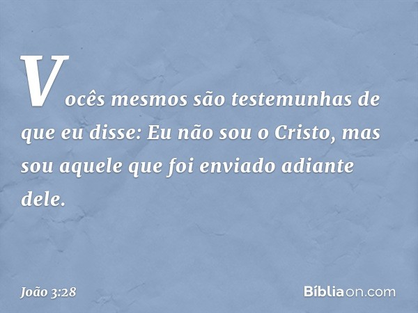 Vocês mesmos são testemunhas de que eu disse: Eu não sou o Cristo, mas sou aquele que foi enviado adiante dele. -- João 3:28