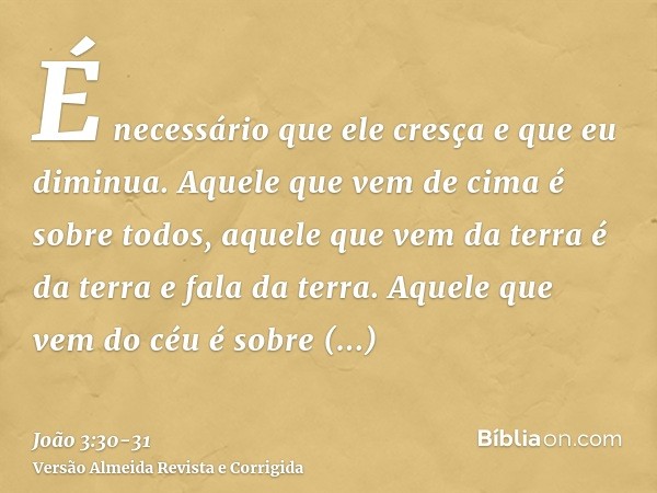 É necessário que ele cresça e que eu diminua.Aquele que vem de cima é sobre todos, aquele que vem da terra é da terra e fala da terra. Aquele que vem do céu é s