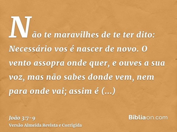 Não te maravilhes de te ter dito: Necessário vos é nascer de novo.O vento assopra onde quer, e ouves a sua voz, mas não sabes donde vem, nem para onde vai; assi