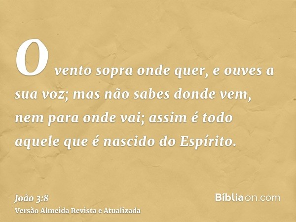 O vento sopra onde quer, e ouves a sua voz; mas não sabes donde vem, nem para onde vai; assim é todo aquele que é nascido do Espírito.