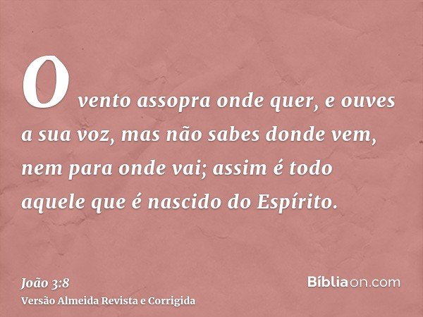 O vento assopra onde quer, e ouves a sua voz, mas não sabes donde vem, nem para onde vai; assim é todo aquele que é nascido do Espírito.