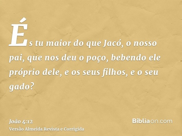 És tu maior do que Jacó, o nosso pai, que nos deu o poço, bebendo ele próprio dele, e os seus filhos, e o seu gado?