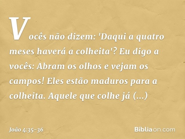 Vocês não dizem: 'Daqui a quatro meses haverá a colheita'? Eu digo a vocês: Abram os olhos e vejam os campos! Eles estão maduros para a colheita. Aquele que col