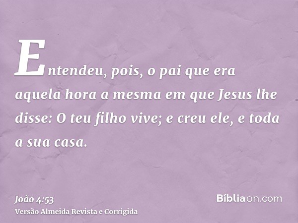 Entendeu, pois, o pai que era aquela hora a mesma em que Jesus lhe disse: O teu filho vive; e creu ele, e toda a sua casa.