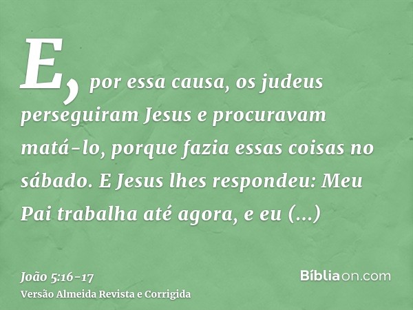 E, por essa causa, os judeus perseguiram Jesus e procuravam matá-lo, porque fazia essas coisas no sábado.E Jesus lhes respondeu: Meu Pai trabalha até agora, e e