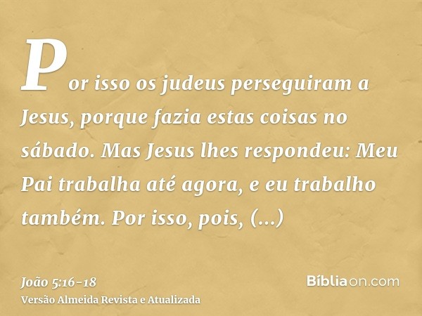 Por isso os judeus perseguiram a Jesus, porque fazia estas coisas no sábado.Mas Jesus lhes respondeu: Meu Pai trabalha até agora, e eu trabalho também.Por isso,