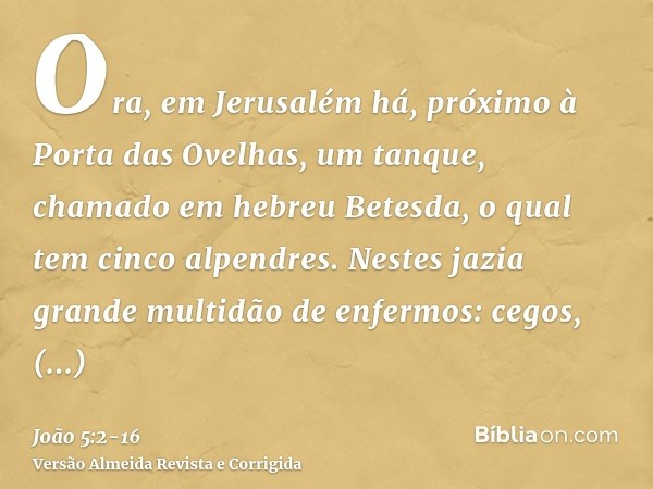 Ora, em Jerusalém há, próximo à Porta das Ovelhas, um tanque, chamado em hebreu Betesda, o qual tem cinco alpendres.Nestes jazia grande multidão de enfermos: ce