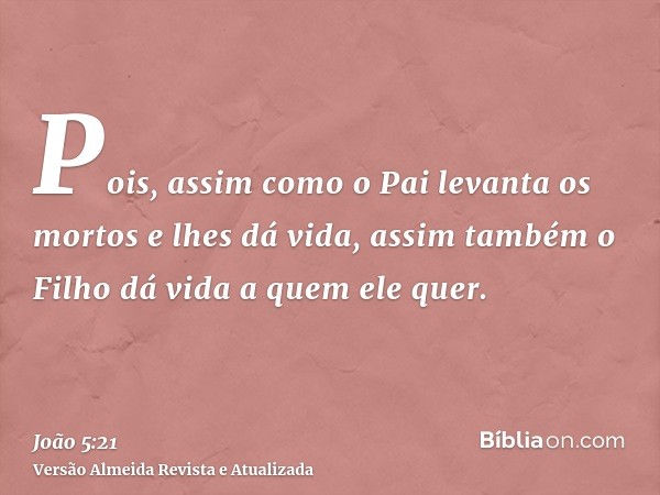 Pois, assim como o Pai levanta os mortos e lhes dá vida, assim também o Filho dá vida a quem ele quer.