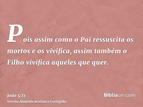 Pois assim como o Pai ressuscita os mortos e os vivifica, assim também o Filho vivifica aqueles que quer.