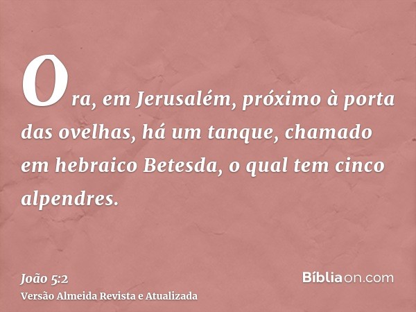 Ora, em Jerusalém, próximo à porta das ovelhas, há um tanque, chamado em hebraico Betesda, o qual tem cinco alpendres.