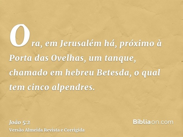 Ora, em Jerusalém há, próximo à Porta das Ovelhas, um tanque, chamado em hebreu Betesda, o qual tem cinco alpendres.