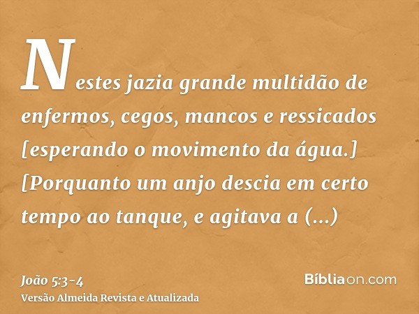 Nestes jazia grande multidão de enfermos, cegos, mancos e ressicados [esperando o movimento da água.][Porquanto um anjo descia em certo tempo ao tanque, e agita