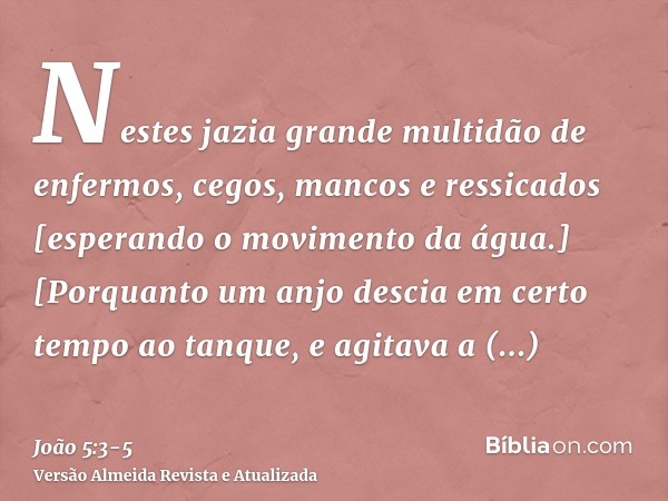 Nestes jazia grande multidão de enfermos, cegos, mancos e ressicados [esperando o movimento da água.][Porquanto um anjo descia em certo tempo ao tanque, e agita