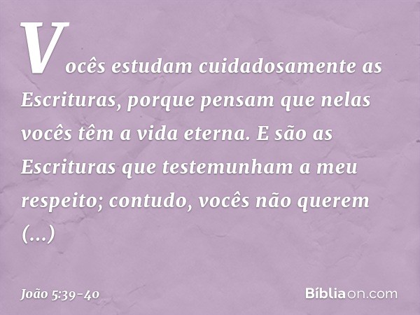Vocês estudam cuidadosamente as Escrituras, porque pensam que nelas vocês têm a vida eterna. E são as Escrituras que testemunham a meu respeito; contudo, vocês