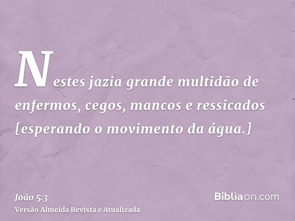 Nestes jazia grande multidão de enfermos, cegos, mancos e ressicados [esperando o movimento da água.]