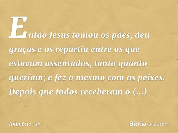 Então Jesus tomou os pães, deu graças e os repartiu entre os que estavam assentados, tanto quanto queriam; e fez o mesmo com os peixes. Depois que todos receber