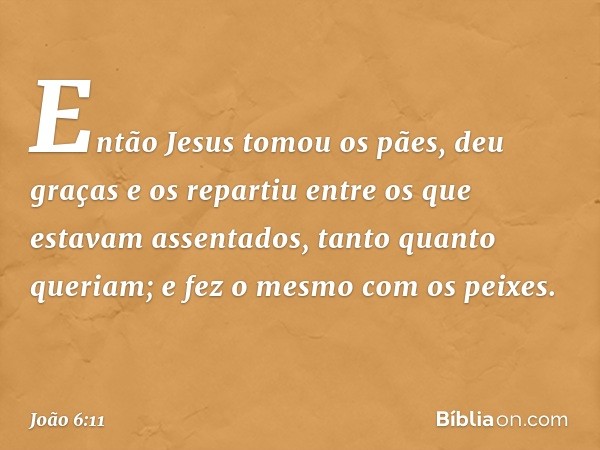 Então Jesus tomou os pães, deu graças e os repartiu entre os que estavam assentados, tanto quanto queriam; e fez o mesmo com os peixes. -- João 6:11